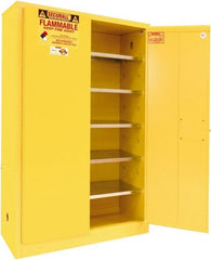Securall Cabinets - 2 Door, 5 Shelf, Yellow Steel Standard Safety Cabinet for Flammable and Combustible Liquids - 65" High x 43" Wide x 18" Deep, Manual Closing Door, 3 Point Key Lock, 60 Gal Capacity - Exact Tooling