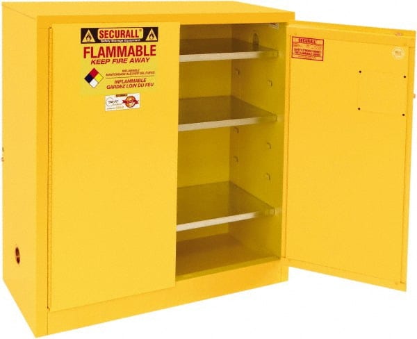 Securall Cabinets - 2 Door, 3 Shelf, Yellow Steel Standard Safety Cabinet for Flammable and Combustible Liquids - 44" High x 43" Wide x 18" Deep, Manual Closing Door, 3 Point Key Lock, 40 Gal Capacity - Exact Tooling