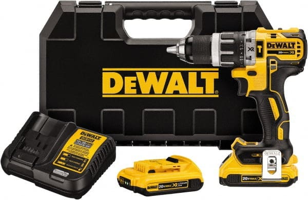 DeWALT - 20 Volt 1/2" Metal Single Sleeve w Carbide Jaws Ratcheting Chuck Chuck Cordless Hammer Drill - 0 to 34,000 BPM, 0 to 500 & 0 to 2,000 RPM, Reversible, Mid-Handle - Exact Tooling