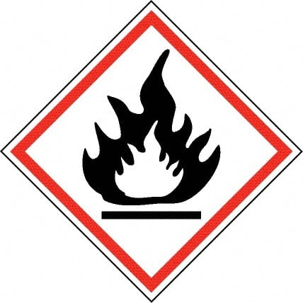 NMC - Hazardous Materials Label, Header: Flammable Warning - Legend: GHS - Graphic, English, Black & Red, 4" Long x 4" High, No Coating - Exact Tooling