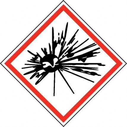 NMC - Hazardous Materials Label, Header: Explosive Warning - Legend: GHS - Graphic, English, Black & Red, 4" Long x 4" High, No Coating - Exact Tooling