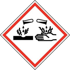 NMC - Hazardous Materials Label, Header: Corrosive Warning - Legend: GHS - Graphic, English, Black & Red, 4" Long x 4" High, No Coating - Exact Tooling
