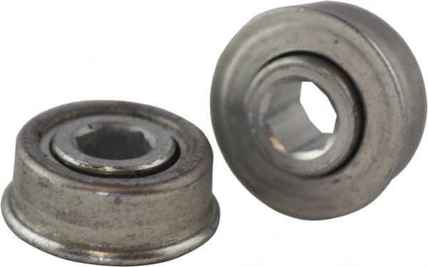 USDI - 1 Row, 0.908" OD, 5/16" Hex Open Conveyor Roller Bearing - 35 Lb Capacity, 550 Max RPM, with Flange, Steel with Zinc Housing - Exact Tooling