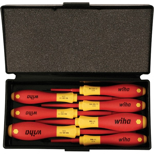Wiha - 7 Piece Slotted, Phillips & Square Screwdriver Set - Bit Sizes: Philips #0 & #1, Comes in Box - Exact Tooling