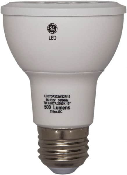 GE Lighting - 7 Watt LED Flood/Spot Medium Screw Lamp - 3,000°K Color Temp, 520 Lumens, 120 Volts, Dimmable, PAR20, 25,000 hr Avg Life - Exact Tooling