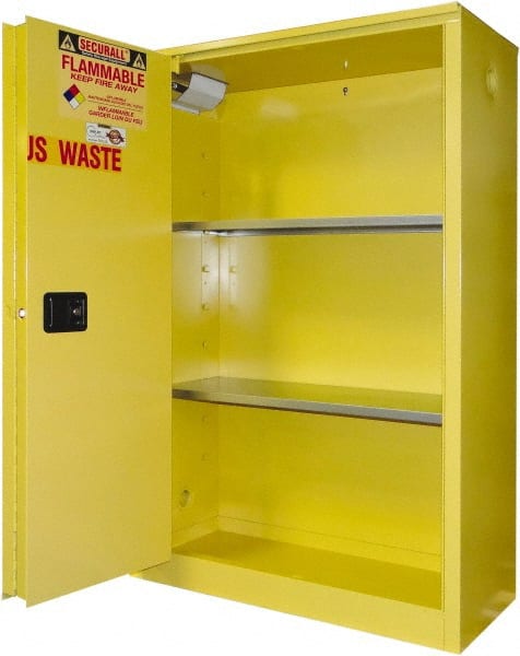 Securall Cabinets - 2 Door, 2 Shelf, Yellow Steel Standard Safety Cabinet for Flammable and Combustible Liquids - 65" High x 43" Wide x 18" Deep, Sliding Door, 3 Point Key Lock, 45 Gal Capacity - Exact Tooling