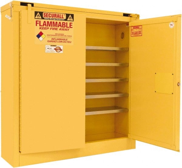Securall Cabinets - 2 Door, 5 Shelf, Yellow Steel Wall Mount Safety Cabinet for Flammable and Combustible Liquids - 46" High x 43" Wide x 12" Deep, Self Closing Door, 3 Point Key Lock, 24 Gal Capacity - Exact Tooling