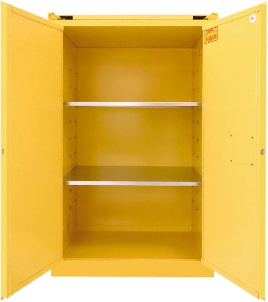 Securall Cabinets - 2 Door, 2 Shelf, Yellow Steel Standard Safety Cabinet for Flammable and Combustible Liquids - 67" High x 43" Wide x 31" Deep, Self Closing Door, 3 Point Key Lock, 90 Gal Capacity - Exact Tooling