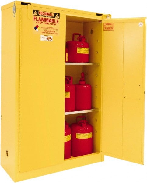 Securall Cabinets - 2 Door, 2 Shelf, Yellow Steel Standard Safety Cabinet for Flammable and Combustible Liquids - 67" High x 43" Wide x 18" Deep, Self Closing Door, 3 Point Key Lock, 45 Gal Capacity - Exact Tooling