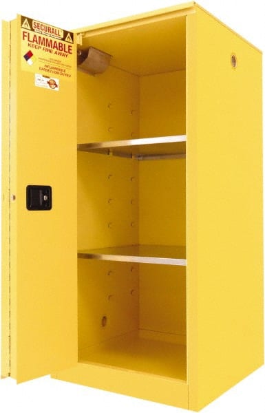 Securall Cabinets - 2 Door, 2 Shelf, Yellow Steel Standard Safety Cabinet for Flammable and Combustible Liquids - 65" High x 31" Wide x 31" Deep, Sliding Door, 3 Point Key Lock, 60 Gal Capacity - Exact Tooling