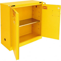 Securall Cabinets - 2 Door, 1 Shelf, Yellow Steel Standard Safety Cabinet for Flammable and Combustible Liquids - 46" High x 43" Wide x 18" Deep, Self Closing Door, 3 Point Key Lock, 30 Gal Capacity - Exact Tooling