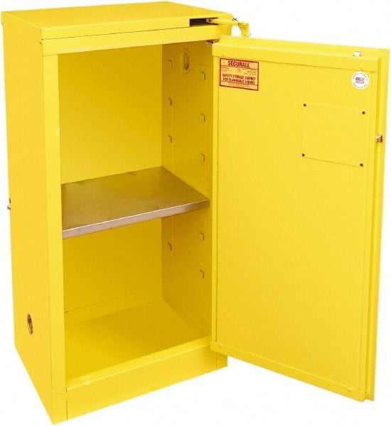 Securall Cabinets - 1 Door, 1 Shelf, Yellow Steel Standard Safety Cabinet for Flammable and Combustible Liquids - 46" High x 23-3/16" Wide x 18" Deep, Self Closing Door, 3 Point Key Lock, 16 Gal Capacity - Exact Tooling
