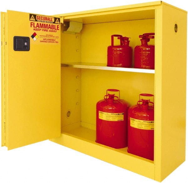 Securall Cabinets - 2 Door, 1 Shelf, Yellow Steel Standard Safety Cabinet for Flammable and Combustible Liquids - 44" High x 43" Wide x 18" Deep, Sliding Door, 3 Point Key Lock, 30 Gal Capacity - Exact Tooling