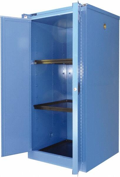 Securall Cabinets - 2 Door, 2 Shelf, Blue Steel Standard Safety Cabinet for Corrosive Chemicals - 67" High x 31" Wide x 31" Deep, Self Closing Door, 3 Point Key Lock, 60 Gal Capacity - Exact Tooling
