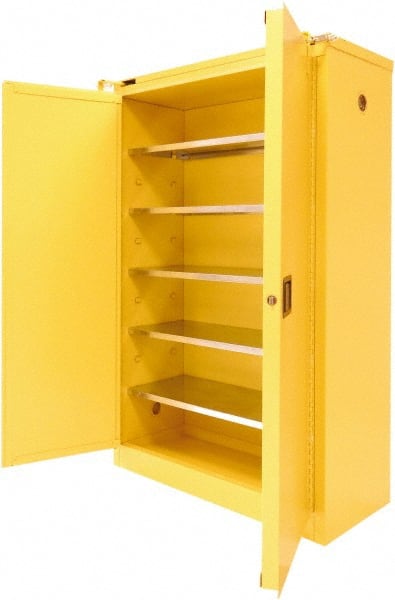 Securall Cabinets - 2 Door, 5 Shelf, Yellow Steel Standard Safety Cabinet for Flammable and Combustible Liquids - 67" High x 43" Wide x 18" Deep, Sliding Door, 3 Point Key Lock, 60 Gal Capacity - Exact Tooling