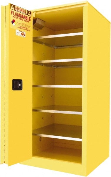 Securall Cabinets - 2 Door, 5 Shelf, Yellow Steel Standard Safety Cabinet for Flammable and Combustible Liquids - 65" High x 31" Wide x 31" Deep, Sliding Door, 3 Point Key Lock, 120 Gal Capacity - Exact Tooling