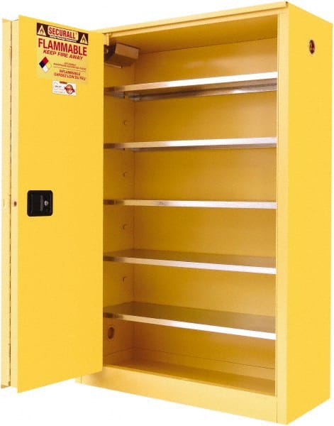 Securall Cabinets - 2 Door, 5 Shelf, Yellow Steel Standard Safety Cabinet for Flammable and Combustible Liquids - 65" High x 43" Wide x 18" Deep, Sliding Door, 3 Point Key Lock, 60 Gal Capacity - Exact Tooling