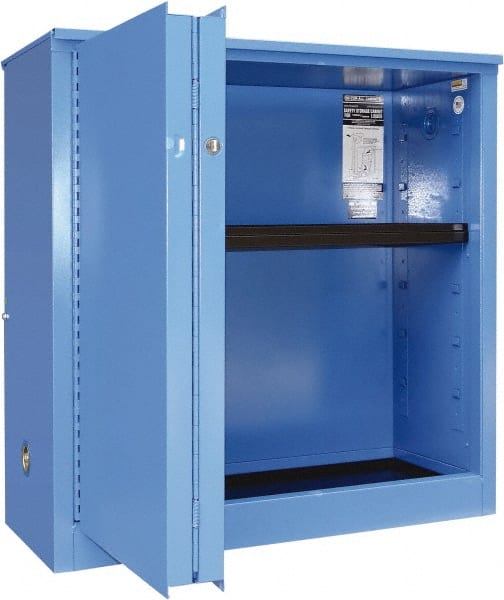 Securall Cabinets - 2 Door, 1 Shelf, Blue Steel Standard Safety Cabinet for Corrosive Chemicals - 44" High x 43" Wide x 18" Deep, Sliding Door, 3 Point Key Lock, 30 Gal Capacity - Exact Tooling