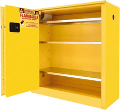Securall Cabinets - 2 Door, 3 Shelf, Yellow Steel Standard Safety Cabinet for Flammable and Combustible Liquids - 44" High x 43" Wide x 18" Deep, Sliding Door, 3 Point Key Lock, 40 Gal Capacity - Exact Tooling
