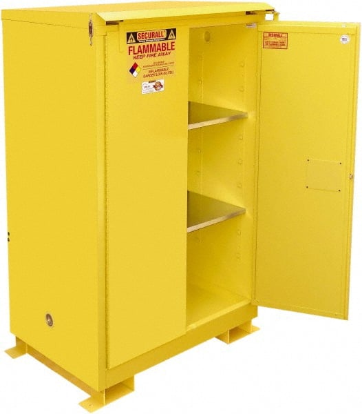 Securall Cabinets - 2 Door, 2 Shelf, Yellow Steel Standard Safety Cabinet for Flammable and Combustible Liquids - 71" High x 43" Wide x 31" Deep, Self Closing Door, 3 Point Key Lock, 90 Gal Capacity - Exact Tooling