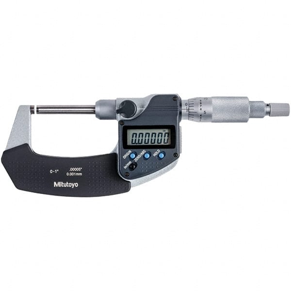 Mitutoyo - 0 to 1" Range, 0.00005" Resolution, Non-Rotating Throat Electronic Outside Micrometer - 0.00015" Accuracy, Ratchet Stop Thimble, Carbide-Tipped Face, SR44 Battery - Exact Tooling