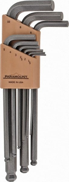 Paramount - 9 Piece L-Key Ball End Hex Key Set - Hex Range 1.5 to 10mm, 7-1/4" OAL, Steel - Exact Tooling
