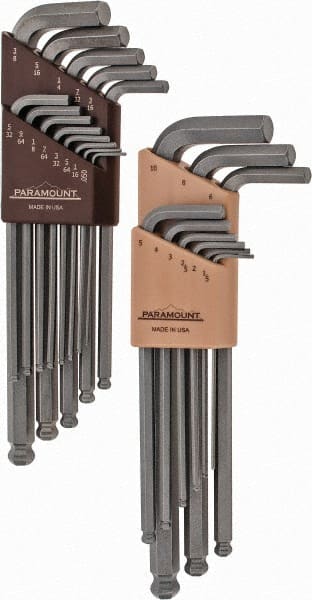 Paramount - 22 Piece L-Key Ball End Hex Key Set - Hex Range 0.05 to 3/8", 7-1/4" OAL, Steel - Exact Tooling