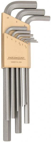 Paramount - 9 Piece L-Key Hex Key Set - Hex Range 1.5 to 10mm, 7-1/4" OAL, Steel - Exact Tooling