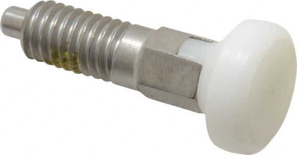 Vlier - M6x1.0, 13mm Thread Length, 0.118" Max Plunger Diam, 0.11 Lb Init to 0.34 Lb Final End Force, Locking Knob Handle Plunger - Delrin Knob, 0.63" Body Length, 1/2" Length Under Head/Shoulder, 0.118" Plunger Projection - Exact Tooling