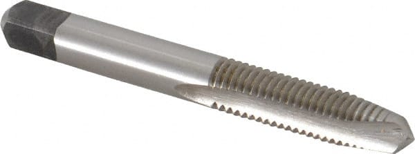 Made in USA - M8x1.25 Metric Coarse, 2 Flute, Bright Finish, High Speed Steel Spiral Point Tap - Plug Chamfer, Right Hand Thread, 2-23/32" OAL, 1-1/8" Thread Length, 0.318" Shank Diam - Exact Tooling
