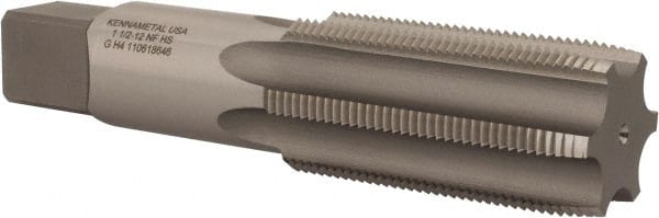 Kennametal - 1-1/2 - 12 UNF 3B 6 Flute Bright Finish High Speed Steel Straight Flute Standard Hand Tap - Plug, Right Hand Thread, 6.38" OAL, 3" Thread Length, H4 Limit, Oversize - Exact Tooling