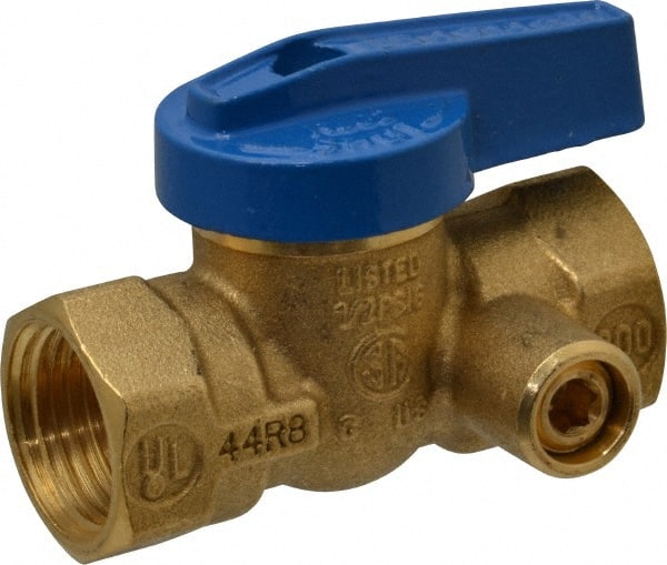 Legend Valve - 1/2" Pipe, Brass, Straight with Side Tap, Gas Ball Valve - 175 psi WOG Rating, Wedge Handle, FNPT x FNPT End Connections, 1 Piece - Exact Tooling