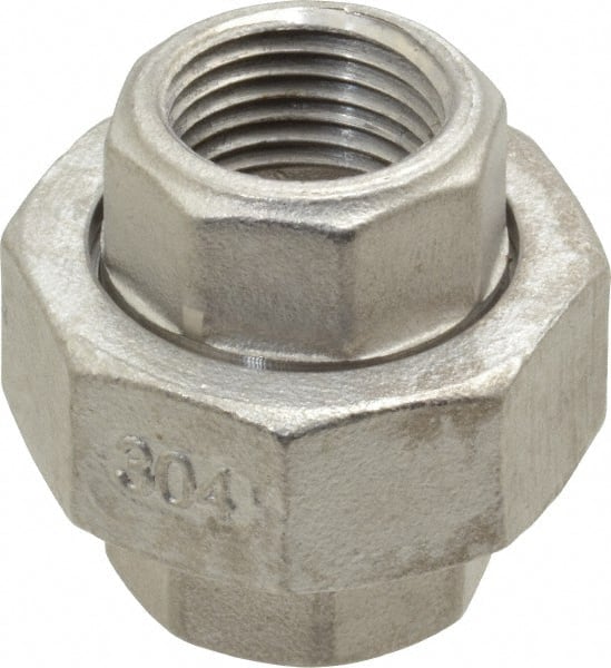 Merit Brass - 1/2" Grade 304 Stainless Steel Pipe Union - FNPT x FNPT End Connections, 150 psi - Exact Tooling