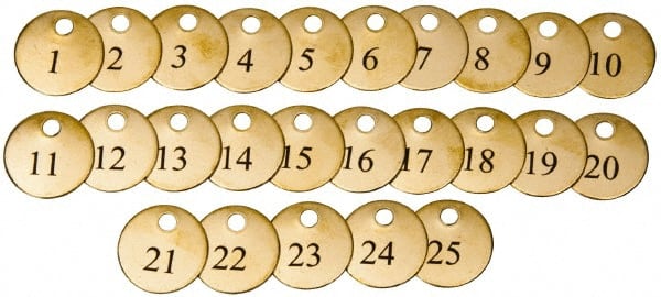 Value Collection - 1-1/2" High x 1-1/2" Long, 1 to 25, English Safety & Facility Numbered Tag - 1 Side, Brass - Exact Tooling