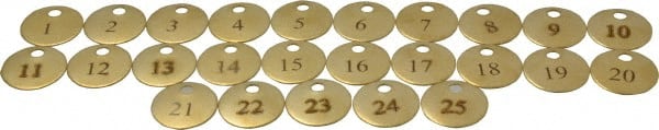 Value Collection - 1" High x 1" Long, 1 to 25, English Safety & Facility Numbered Tag - 1 Side, Brass - Exact Tooling