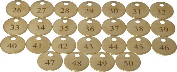 Value Collection - 1" High x 1" Long, 26 to 50, English Safety & Facility Numbered Tag - 1 Side, Brass - Exact Tooling