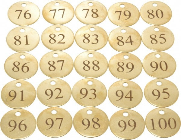 Value Collection - 1-1/4" High x 1-1/4" Long, 76 to 100, English Safety & Facility Numbered Tag - 1 Side, Brass - Exact Tooling