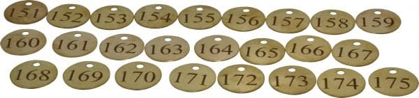 Value Collection - 1-1/4" High x 1-1/4" Long, 151 to 175, English Safety & Facility Numbered Tag - 1 Side, Brass - Exact Tooling