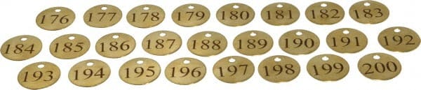 Value Collection - 1-1/4" High x 1-1/4" Long, 176 to 200, English Safety & Facility Numbered Tag - 1 Side, Brass - Exact Tooling