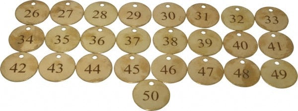 Value Collection - 1-1/2" High x 1-1/2" Long, 26 to 50, English Safety & Facility Numbered Tag - 1 Side, Brass - Exact Tooling