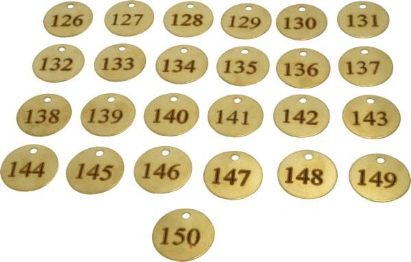 Value Collection - 1-1/2" High x 1-1/2" Long, 126 to 150, English Safety & Facility Numbered Tag - 1 Side, Brass - Exact Tooling