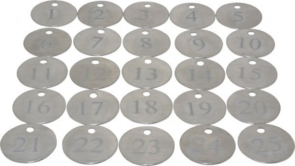 Value Collection - 1-1/4" High x 1-1/4" Long, 1 to 25, English Safety & Facility Numbered Tag - 1 Side, Aluminum - Exact Tooling