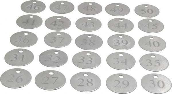 Value Collection - 1-1/4" High x 1-1/4" Long, 26 to 50, English Safety & Facility Numbered Tag - 1 Side, Aluminum - Exact Tooling