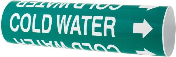 Made in USA - Pipe Marker with Cold Water Legend and Arrow Graphic - 2-1/2 to 3-1/4" Pipe Outside Diam, White on Green - Exact Tooling