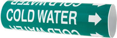 Made in USA - Pipe Marker with Cold Water Legend and Arrow Graphic - 2-1/2 to 3-1/4" Pipe Outside Diam, White on Green - Exact Tooling