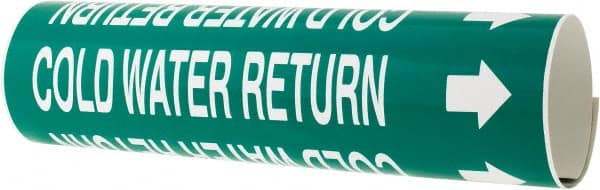 Made in USA - Pipe Marker with Cold Water Return Legend and Arrow Graphic - 2-1/2 to 3-1/4" Pipe Outside Diam, White on Green - Exact Tooling