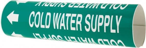 Made in USA - Pipe Marker with Cold Water Supply Legend and Arrow Graphic - 2-1/2 to 3-1/4" Pipe Outside Diam, White on Green - Exact Tooling
