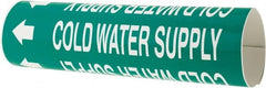 Made in USA - Pipe Marker with Cold Water Supply Legend and Arrow Graphic - 2-1/2 to 3-1/4" Pipe Outside Diam, White on Green - Exact Tooling