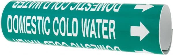 Made in USA - Pipe Marker with Domestic Cold Water Legend and Arrow Graphic - 2-1/2 to 3-1/4" Pipe Outside Diam, White on Green - Exact Tooling