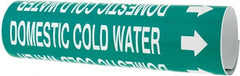 Made in USA - Pipe Marker with Domestic Cold Water Legend and Arrow Graphic - 2-1/2 to 3-1/4" Pipe Outside Diam, White on Green - Exact Tooling